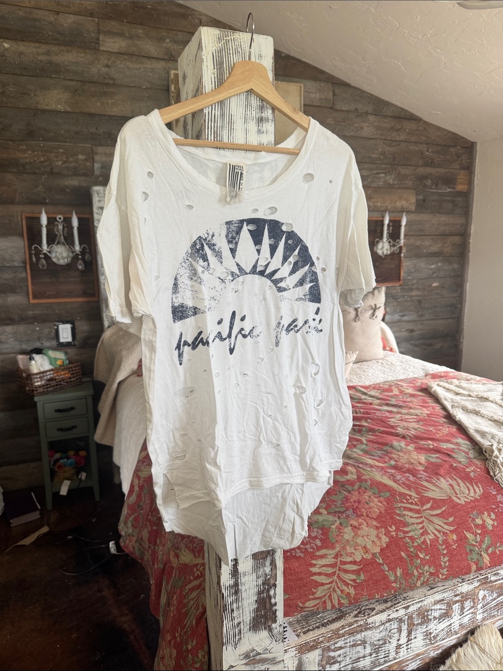 Free People White Tee with Navy Graphic and Distressed Holes